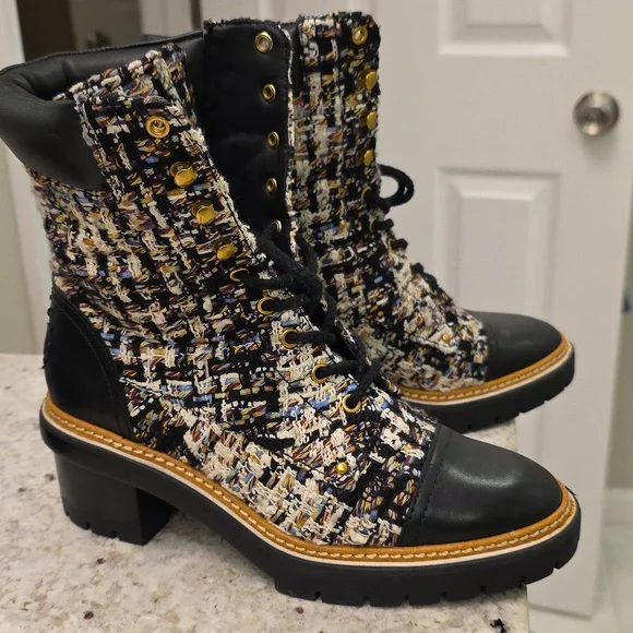 Tory Burch Black and Cream Tweed Lace Up Boots - Picture 8 of 11